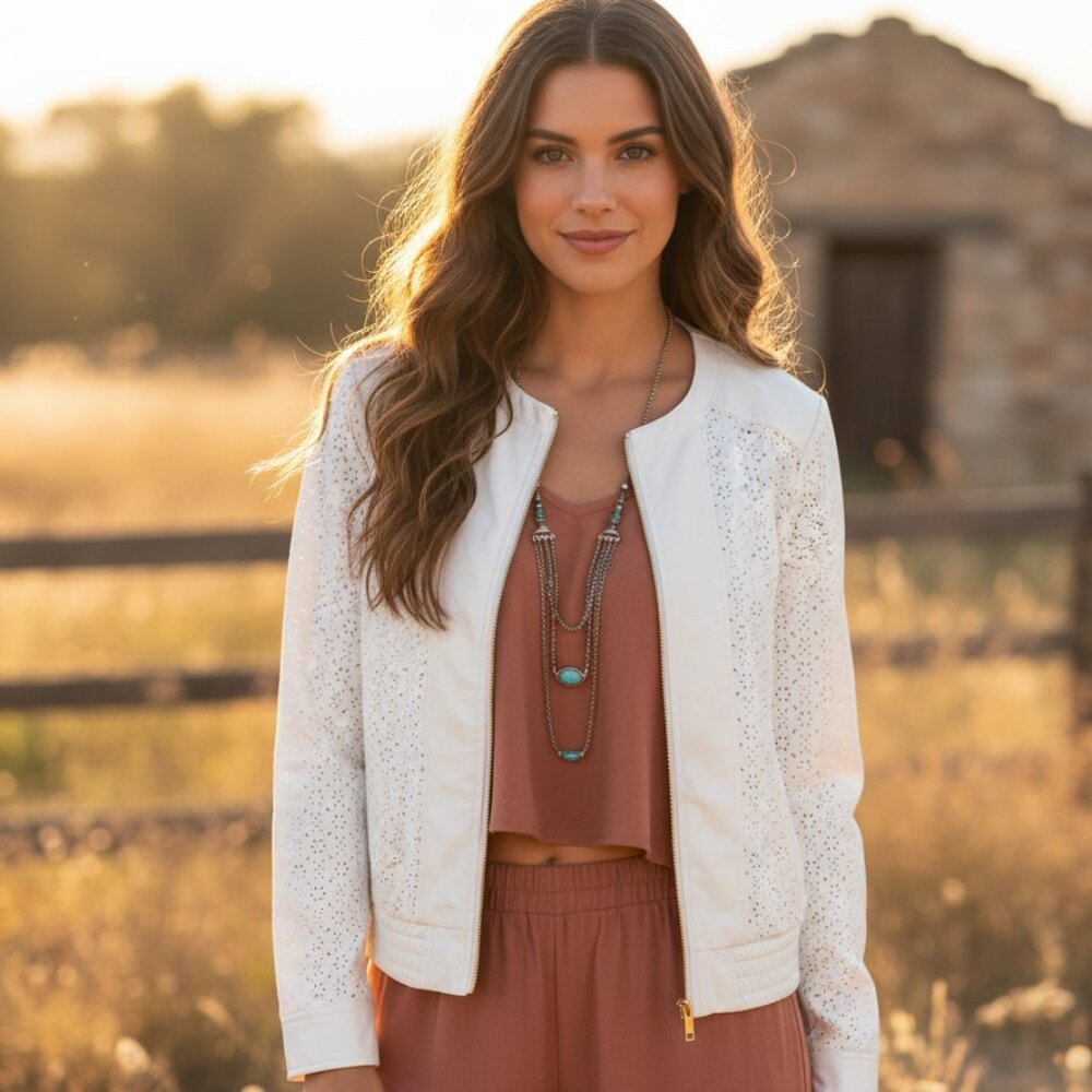 NEW Peck &‎ Peck S Pearl Ivory Shimmer Jacket Boho Cottage Coastal Western Artsy